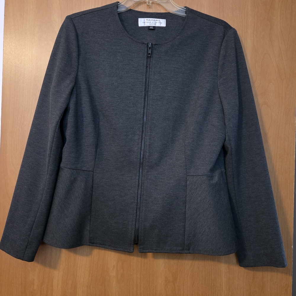 TAHARI ARTHUR S LEVINE Elegant Gray Zip-Front Blazer Size 12P